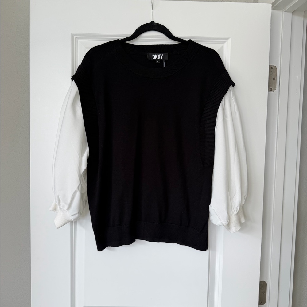 DKNY Black Knit Pullover Sweater with White Sleeves